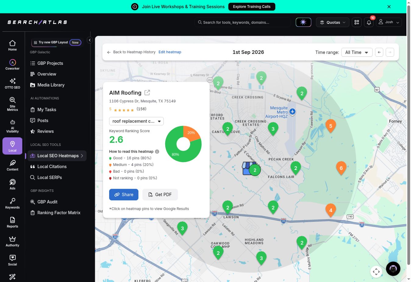 AIM Roofing SearchAtlas Maps scan for roof replacement companies in the Mesquite area